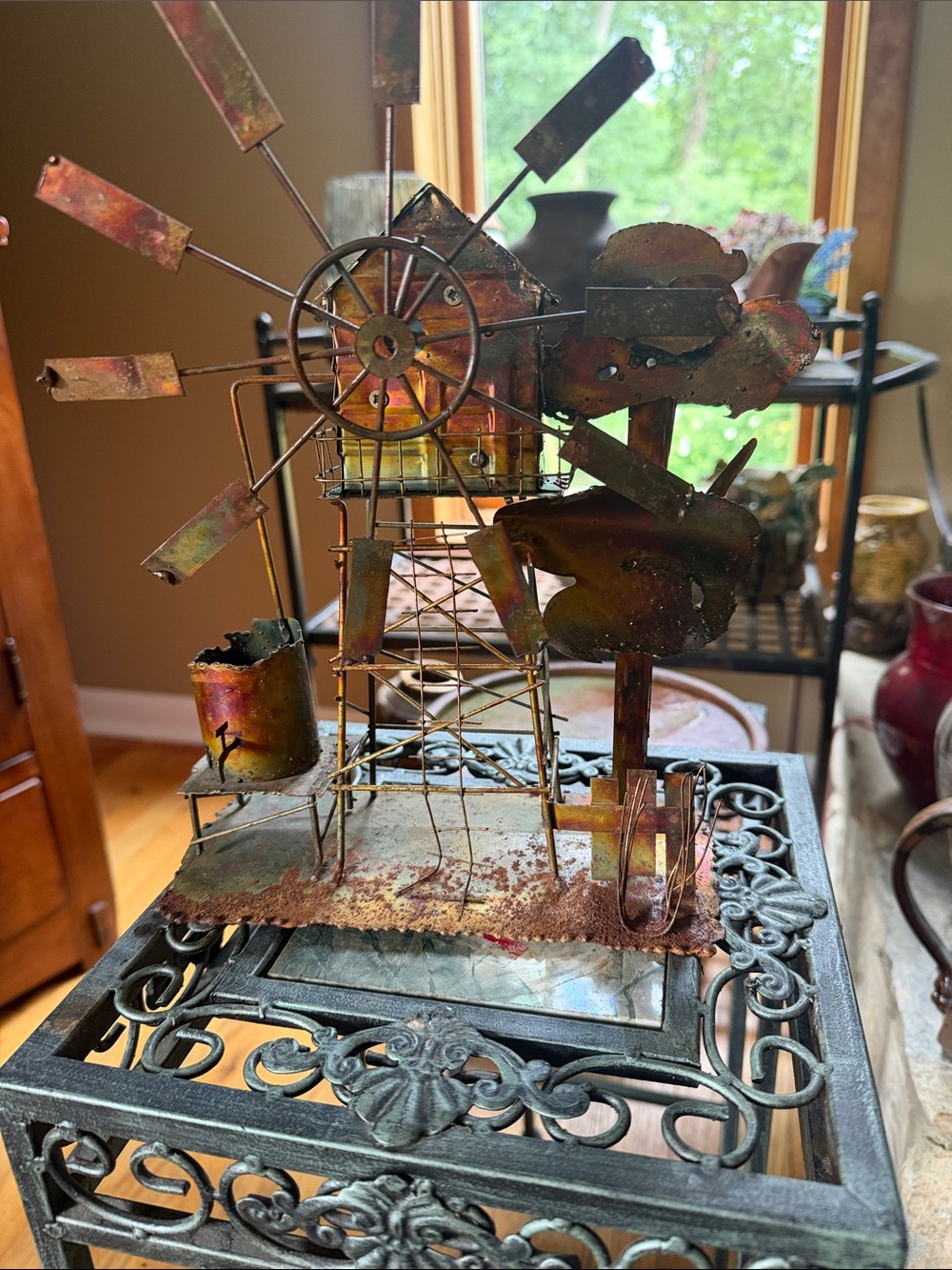 Rustic Metal Windmill Sculpture - Yellow/Brown Home Art